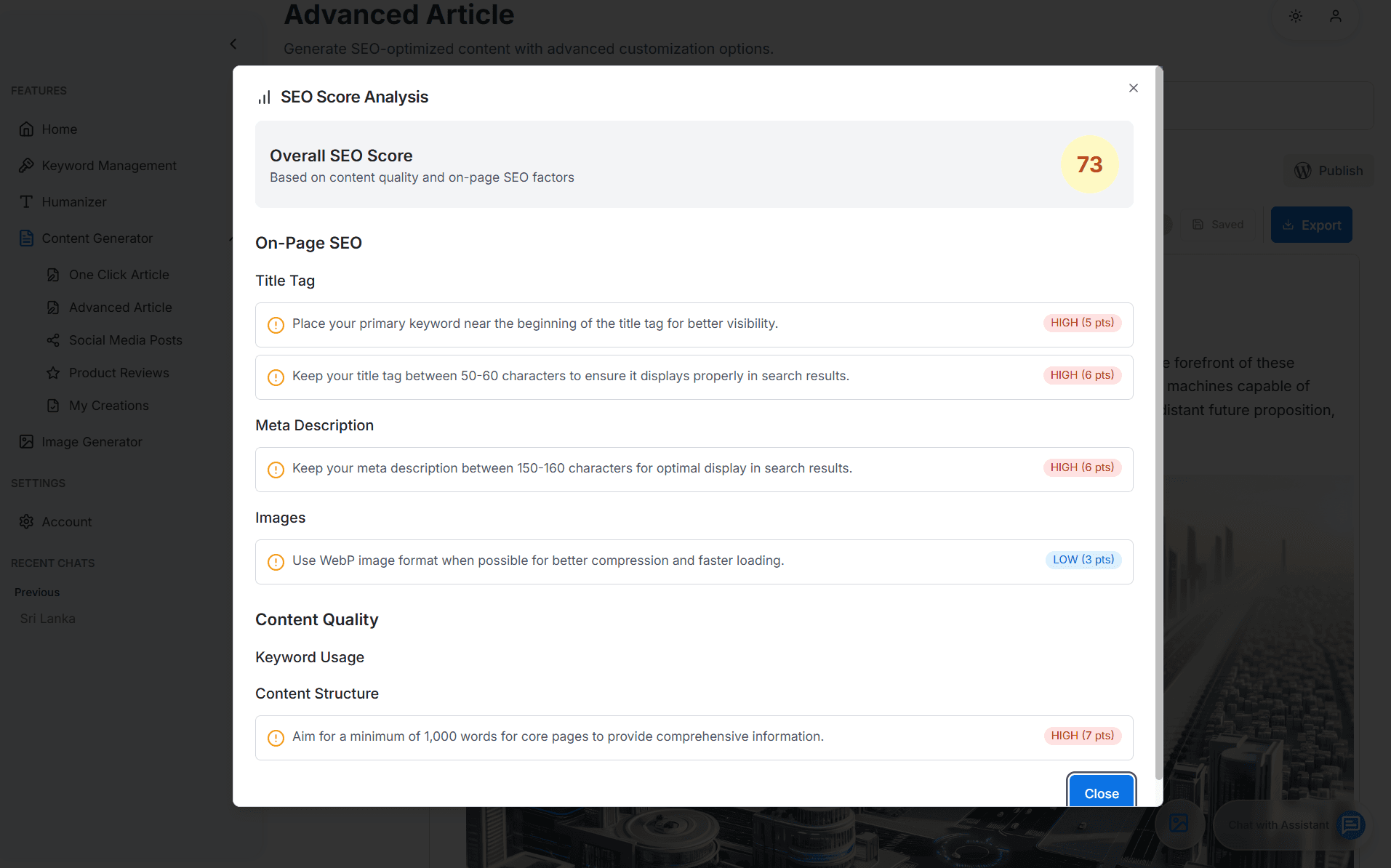 Comprehensive Quality Metrics feature screenshot